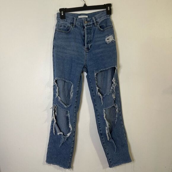 PacSun High Rise Straight Super Distressed Large Hole Button Fly Jeans Size 24 - Picture 1 of 11